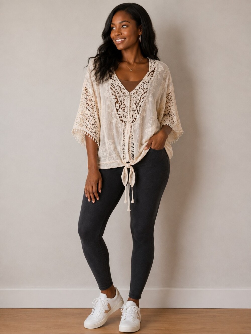 Boho Crochet Tie-Front Women's Top - Cream By Democracy Size M